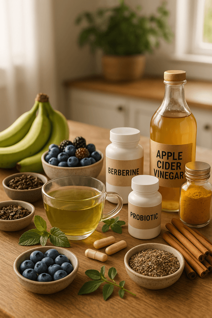 Wybór suplementów diety i produktów spożywczych, w tym berberyna, probiotyki, ocet jabłkowy, borówki, banany i różne przyprawy, ułożonych na drewnianym stole.